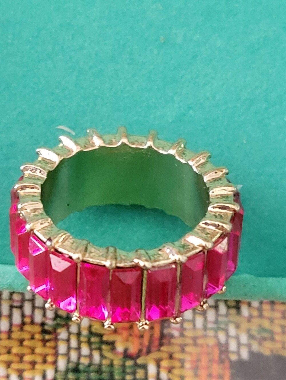 Gold Band Ring with Hot Pink Emerald-Cut Stones Size 7.5